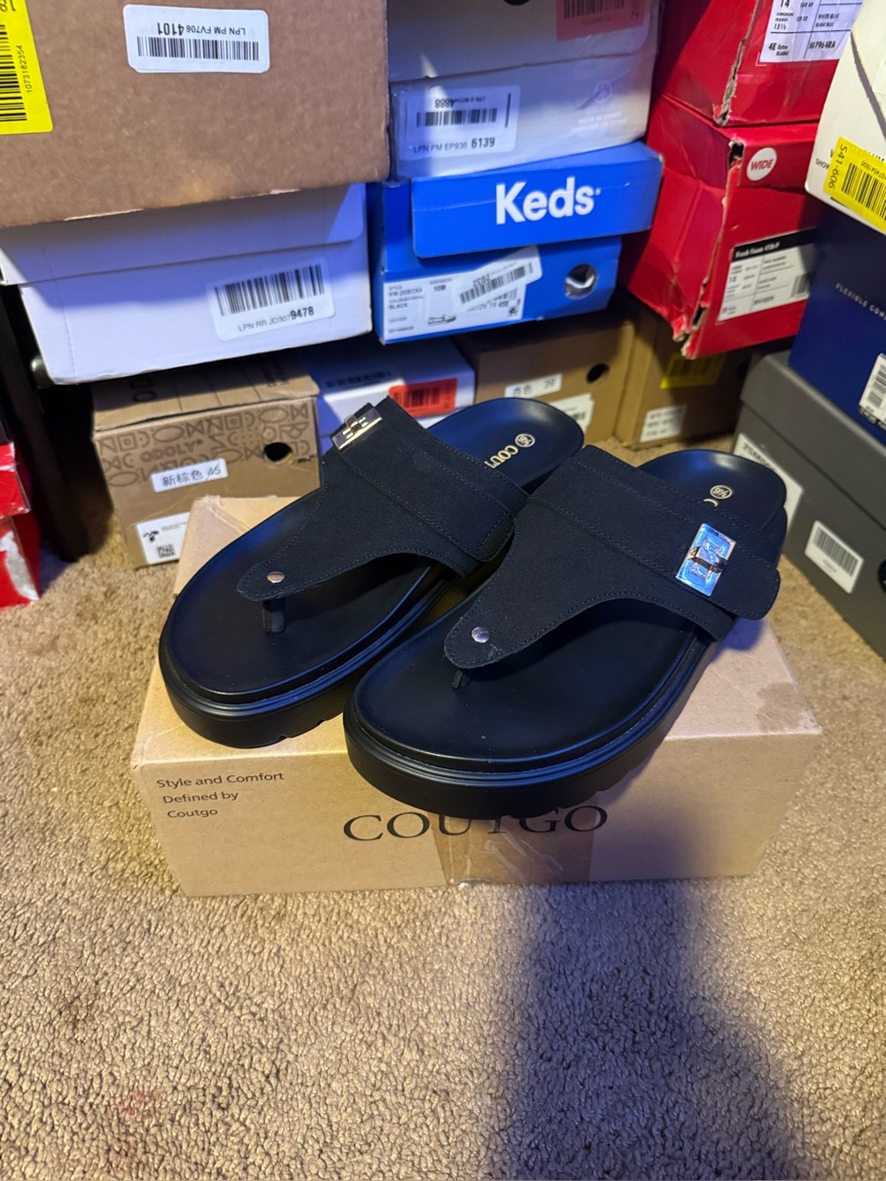 Black Slip-On Platform Sandals with Decorative Accent